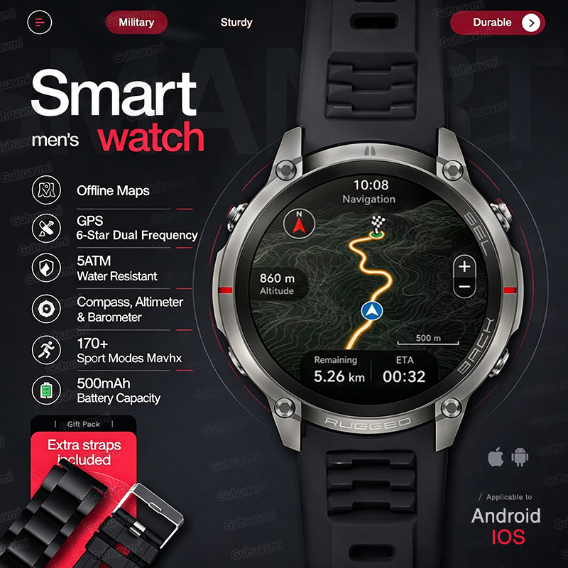 Smartwatch Rugged Watches For Men - 새로운 견고한 군용 GPS 오프라인 지도